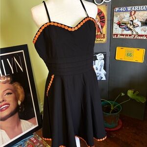 Unique Vintage Black Dress with Orange Trim